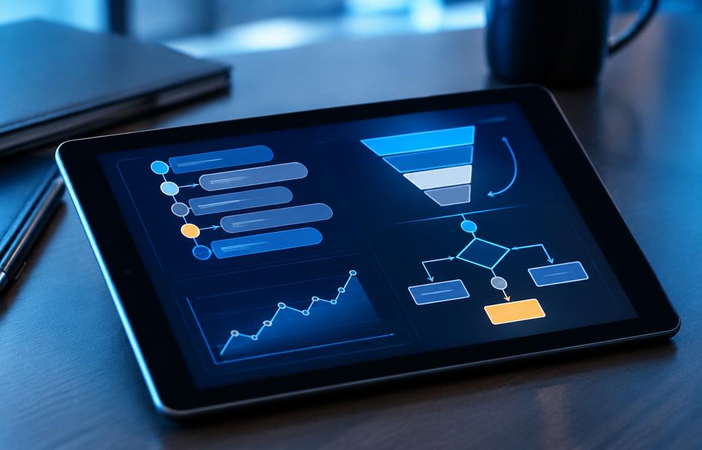 Tablet showing sales process frameworks and customer decision paths